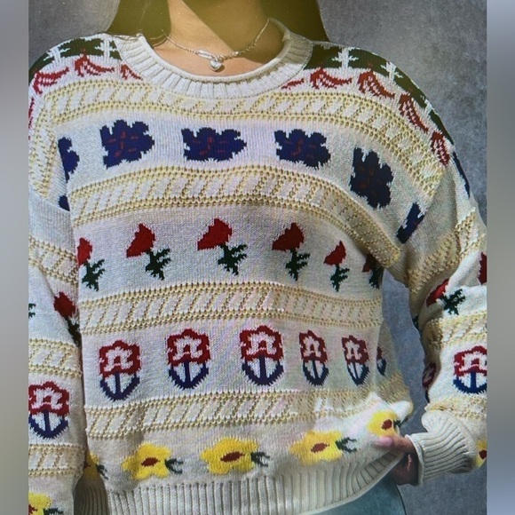 ?? Sweaters - Pointelle Knit Floral Pattern Sweater